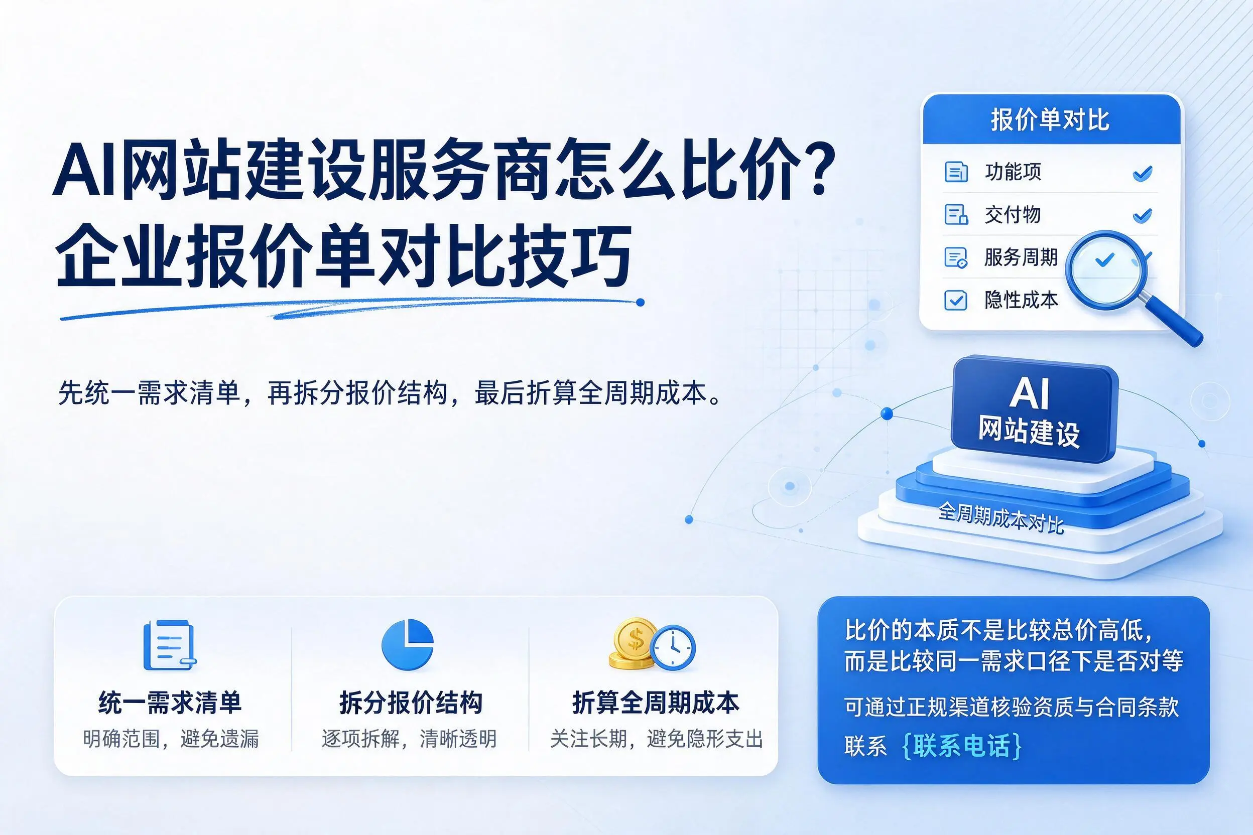 AI网站建设服务商怎么比价？阿里企业报价单对比技巧
