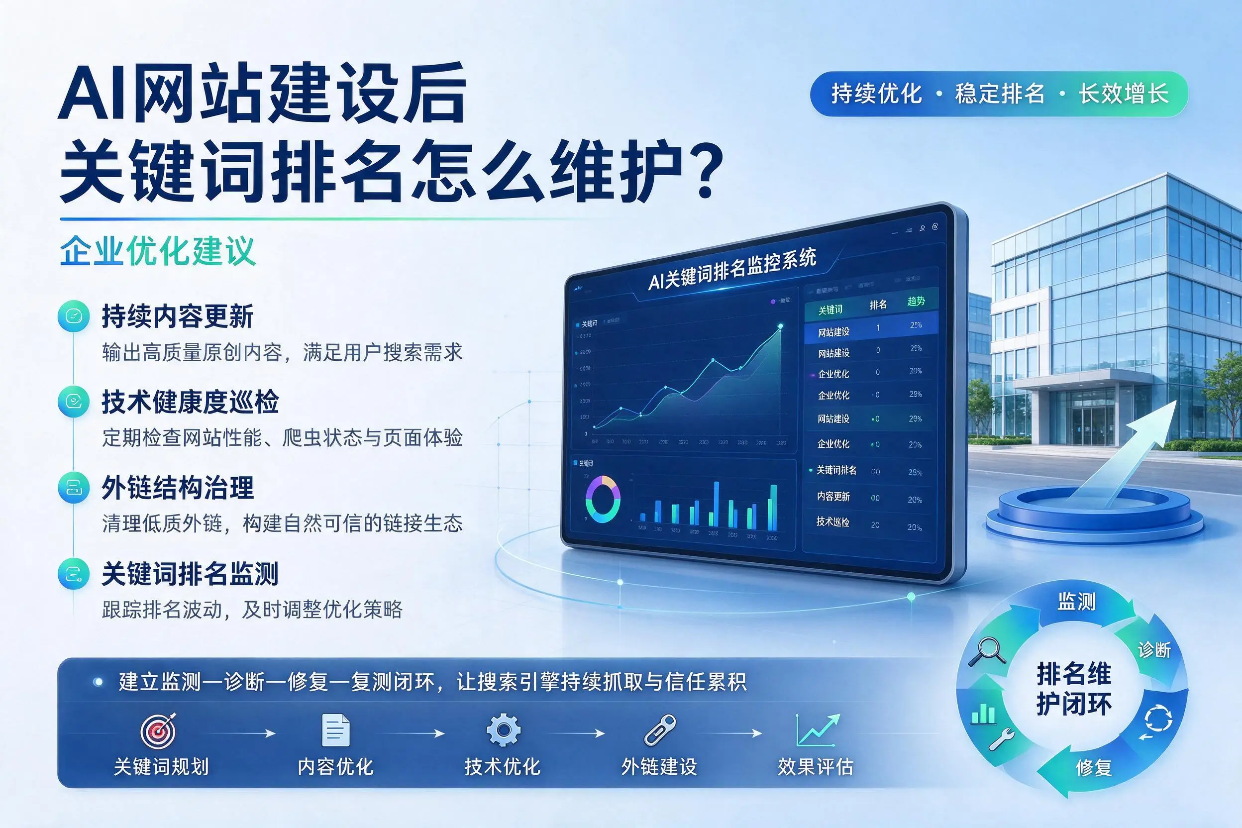 AI网站建设后关键词排名怎么维护？阿里企业优化建议