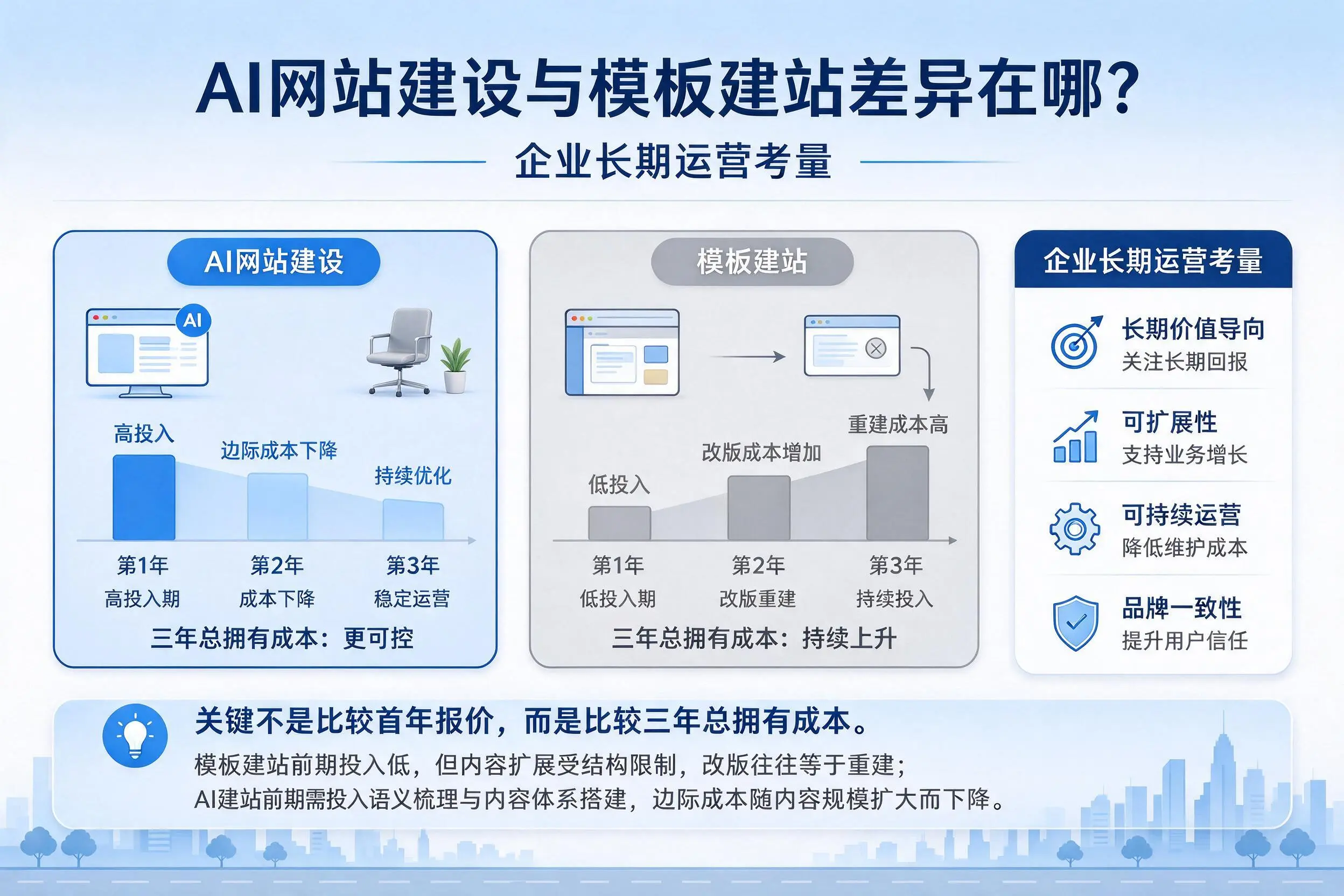 AI网站建设与模板建站差异在哪？阿里企业长期运营考量